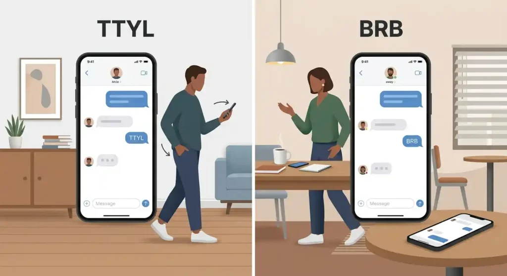 Visual comparison showing TTYL as a sign-off and BRB as a temporary pause