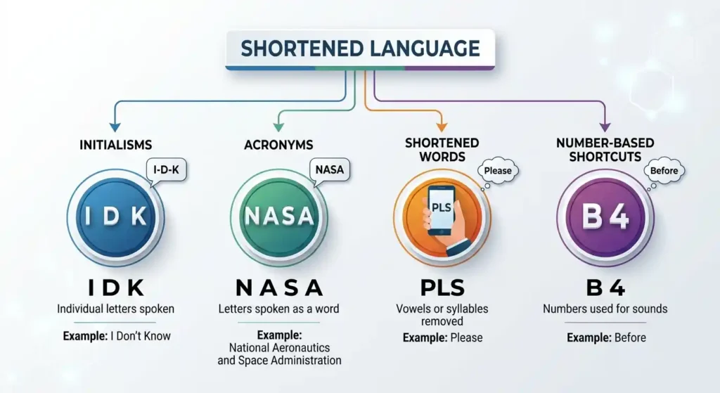 Visual classification of internet shorthand into initialisms, acronyms, shortened words, and number-based shortcuts