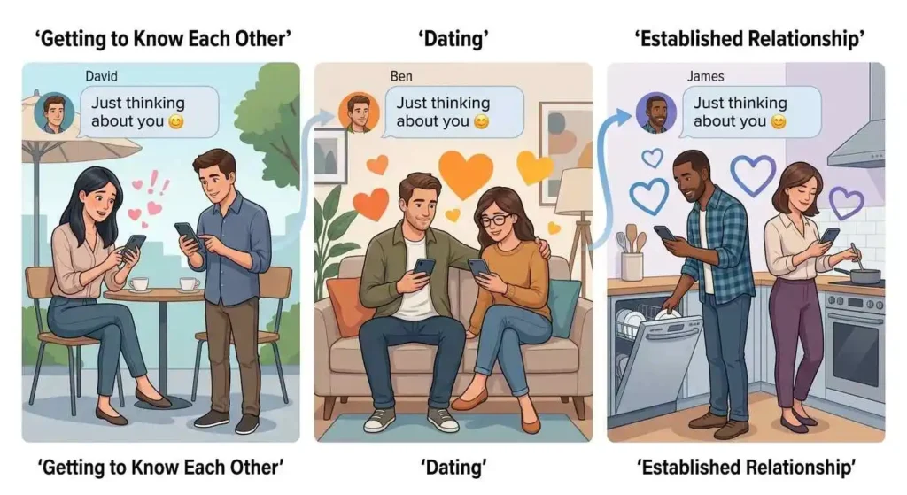 Romantic messages shown across different stages of a relationship