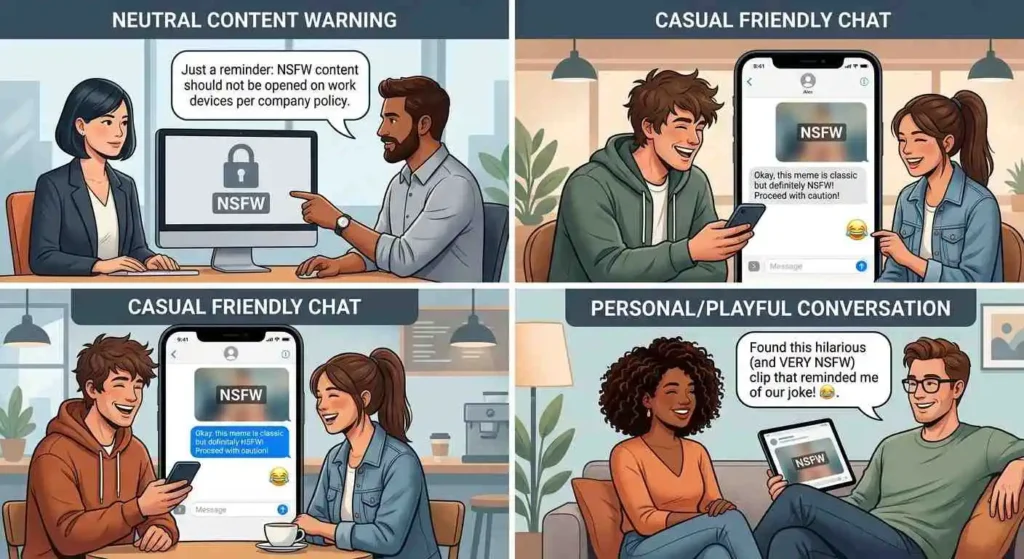 Adult characters using an NSFW warning in neutral, friendly, and personal conversation contexts.