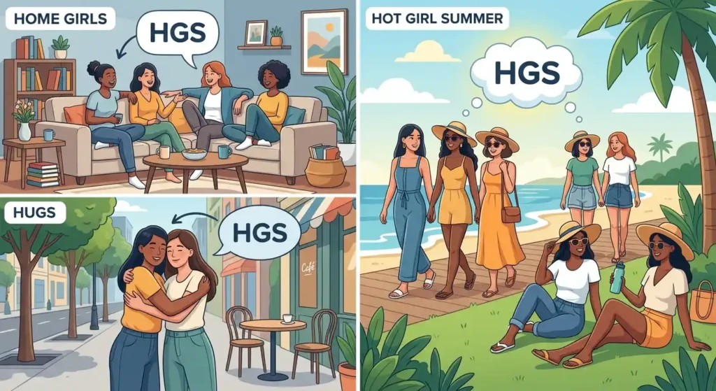 Three contexts showing HGS as home girls, hugs, and Hot Girl Summer