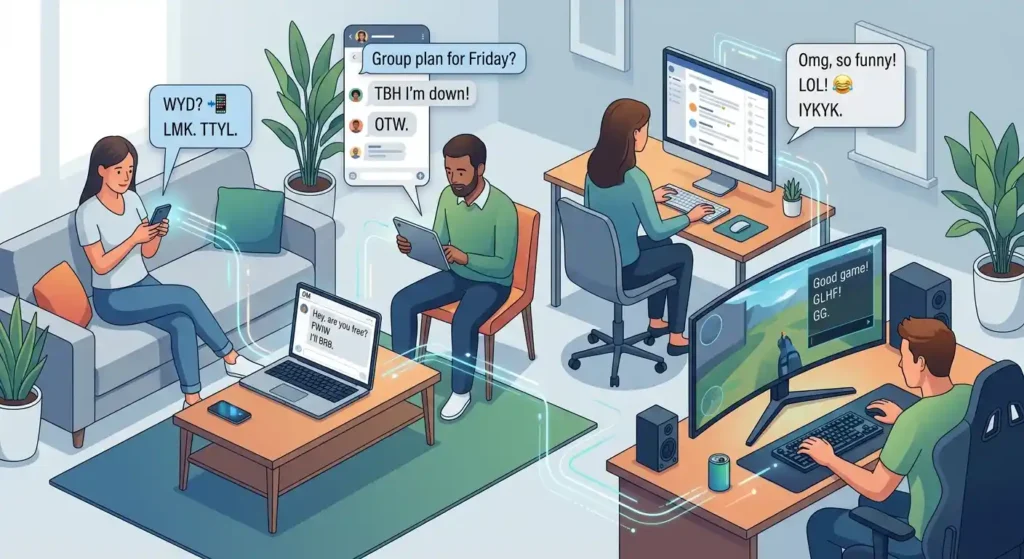 Different digital communication settings where internet initialisms are commonly used
