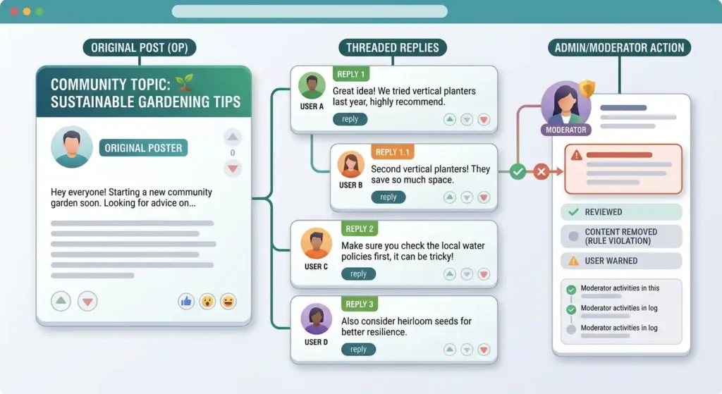 Online discussion showing an original post, threaded replies, votes, and moderator activity