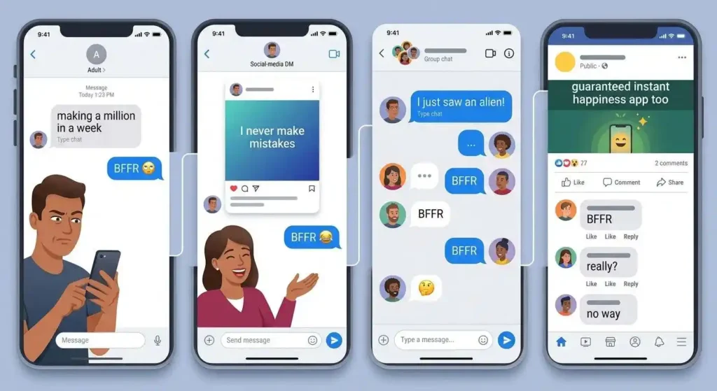 BFFR used as a reaction in texts, DMs, group chats, and social media conversations