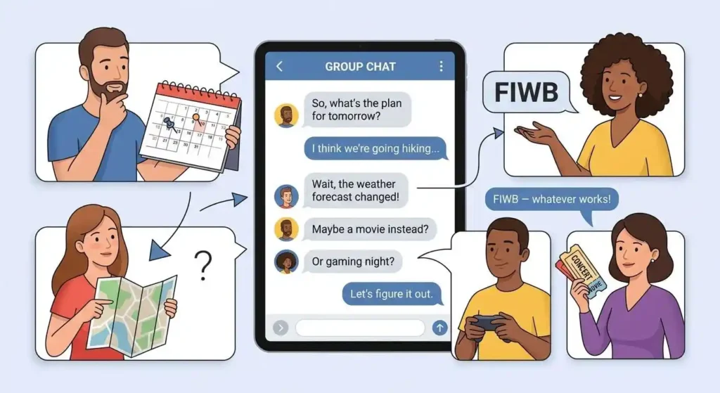 Friends using FIWB in a group chat while making a last-minute plan.
