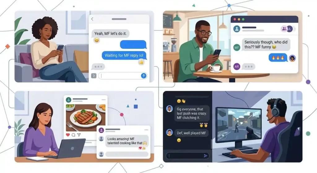 MF used across text messages, group chats, social media comments, and gaming conversations