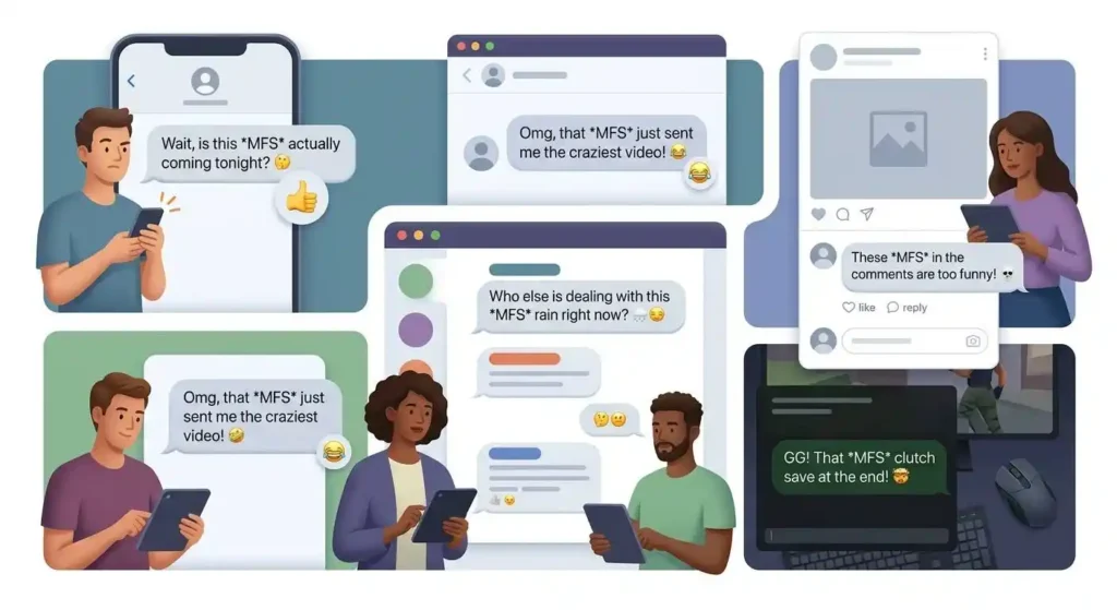 MFS appearing in text messages, DMs, group chats, social media, and gaming conversations