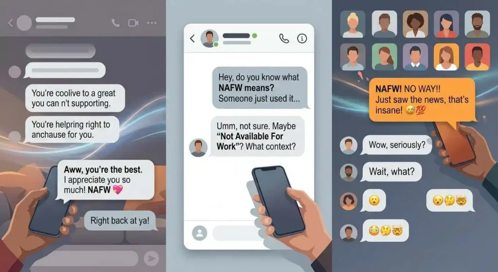 Examples of NAFW appearing in text messages, DMs, and group chat conversations.
