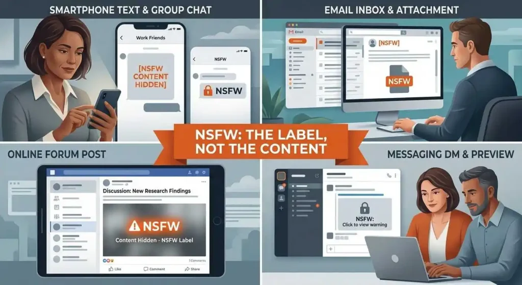 Digital messages and attachments displaying NSFW warnings before potentially unsuitable content.