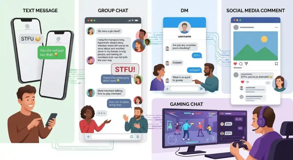 STFU appearing in texts, group chats, social media, DMs, and gaming conversations