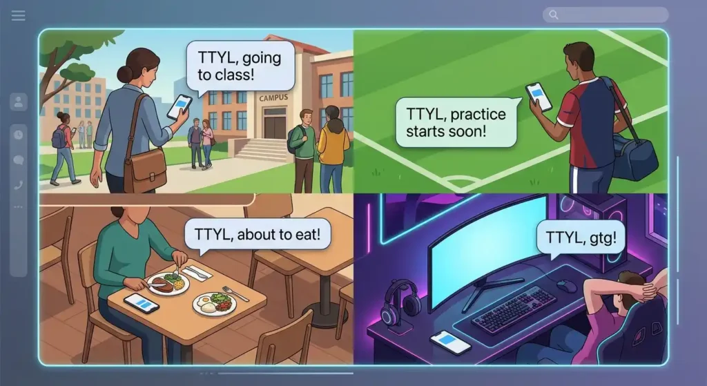 Different everyday situations where someone might use TTYL before leaving a conversation