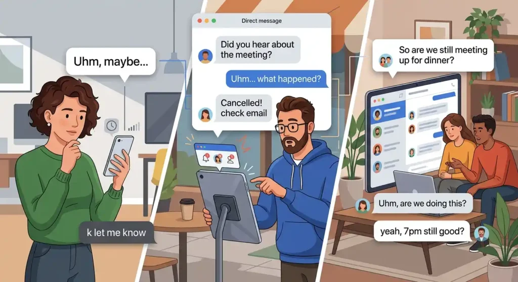 Examples of uhm used in texts, DMs, and group chats