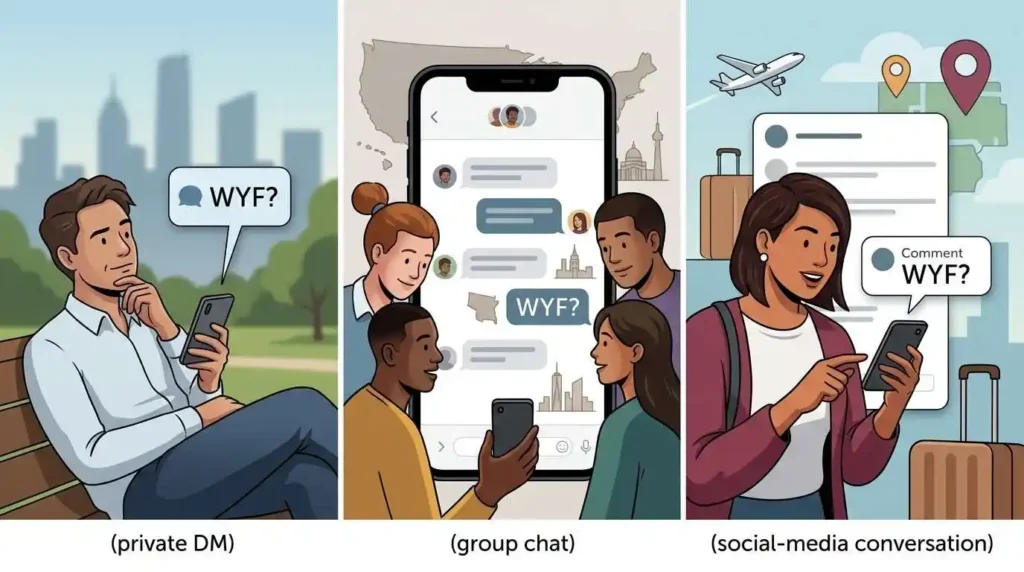 Examples of WYF used in a DM, group chat, and social media conversation