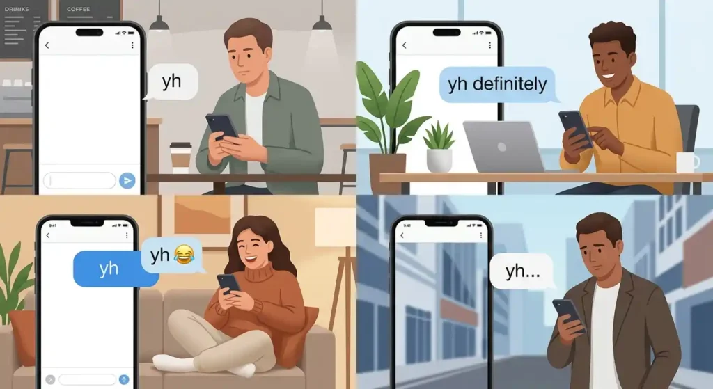 Different examples showing how context changes the tone of YH in texting