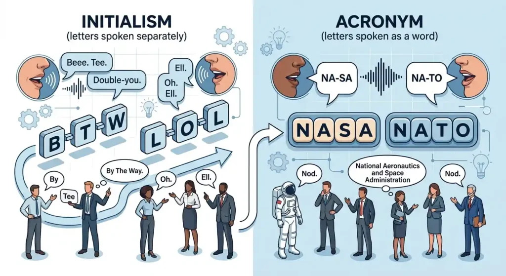 Visual comparison showing how initialisms and acronyms are pronounced differently