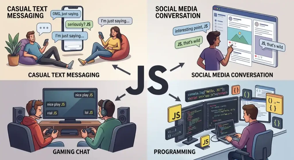 Different contexts showing JS as just saying, just, or JavaScript