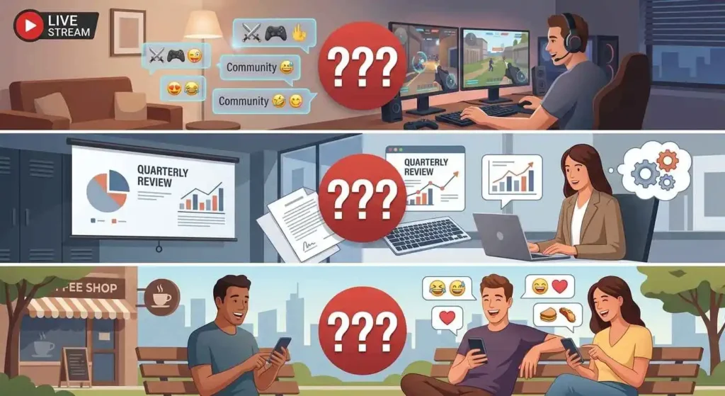 Same acronym shown in different gaming, professional, and casual conversation contexts