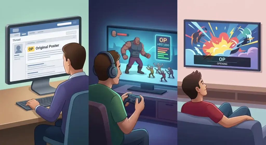 Visual comparison of OP meanings in online discussions, gaming, and anime fandom.