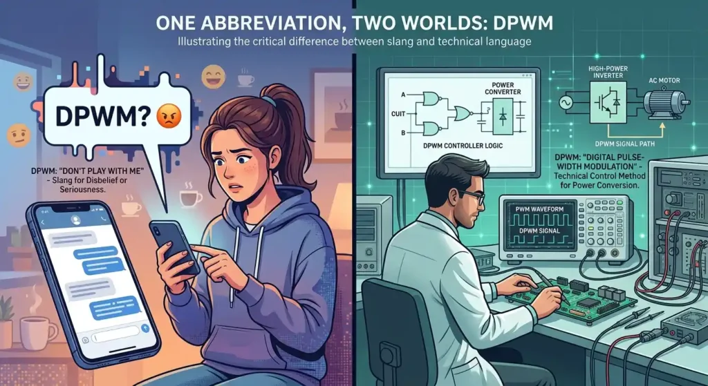 DPWM shown as texting slang and as a technical power electronics abbreviation