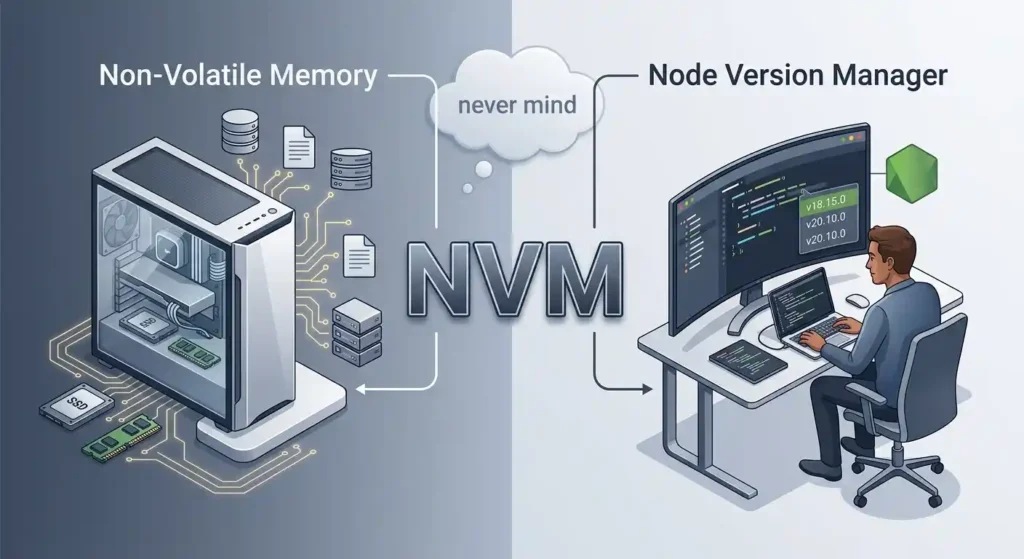 Technical meanings of NVM including non-volatile memory and Node Version Manager
