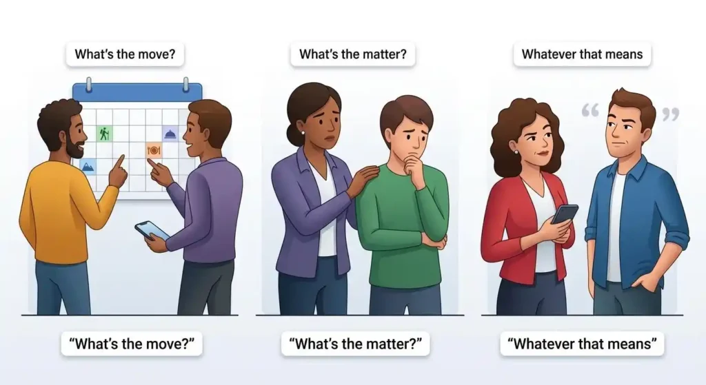 Three contexts showing WTM as “What’s the move?”, “What’s the matter?”, or “Whatever that means”