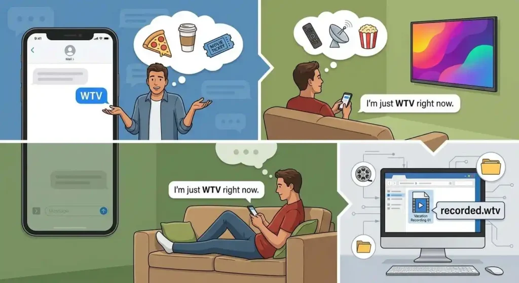 WTV shown as whatever, watching TV, and a .wtv file format in different contexts