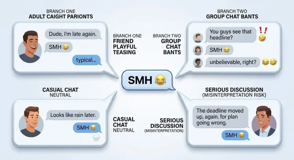 Different contexts showing how reaction slang can sound playful, neutral, or dismissive.