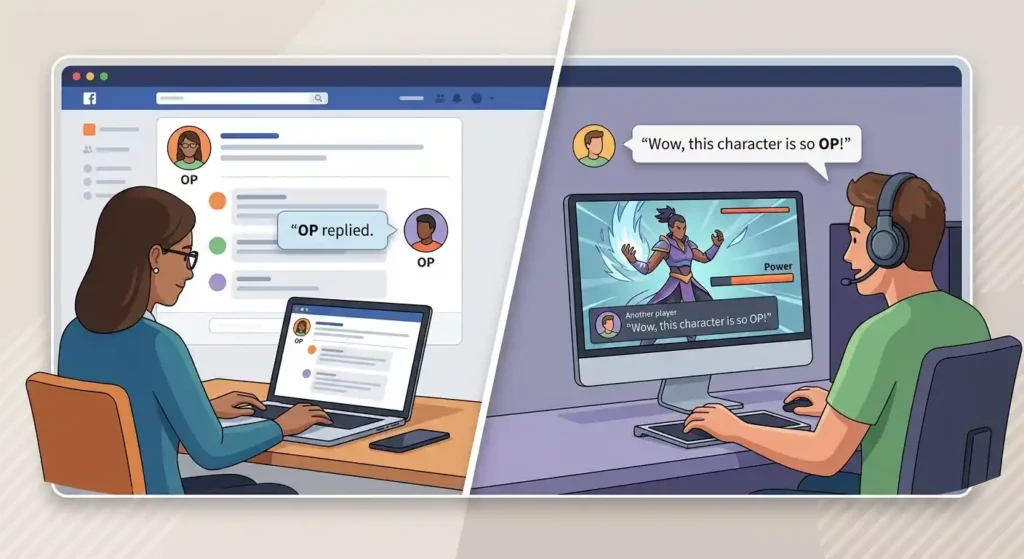 Examples showing OP used for an original poster and for an overpowered game element.