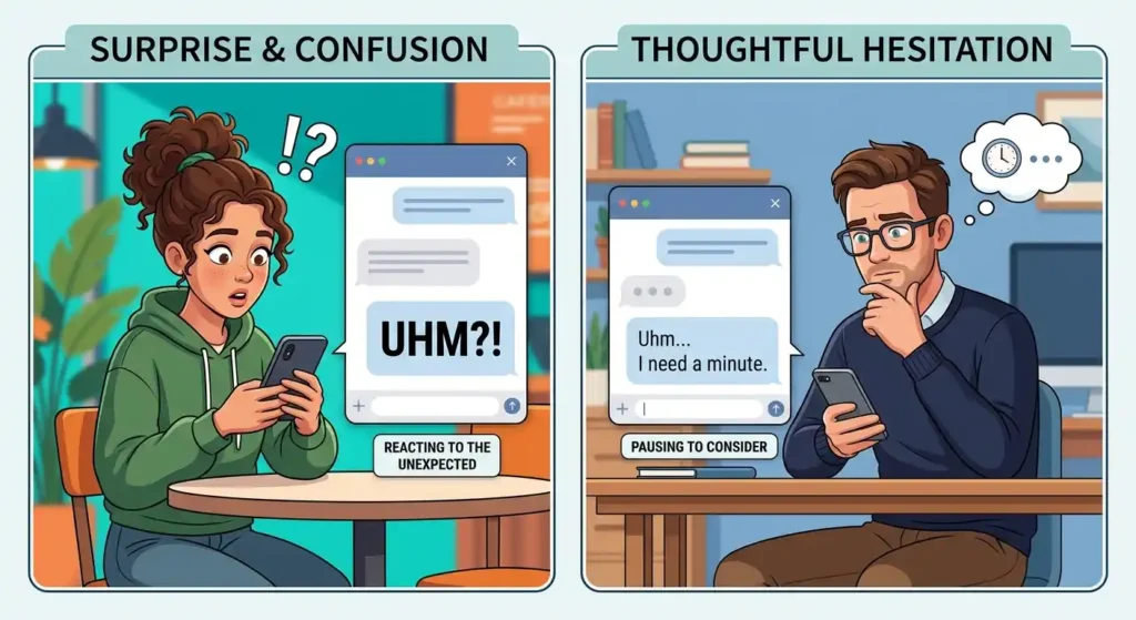 Two chat examples showing UHM as surprise and hesitation