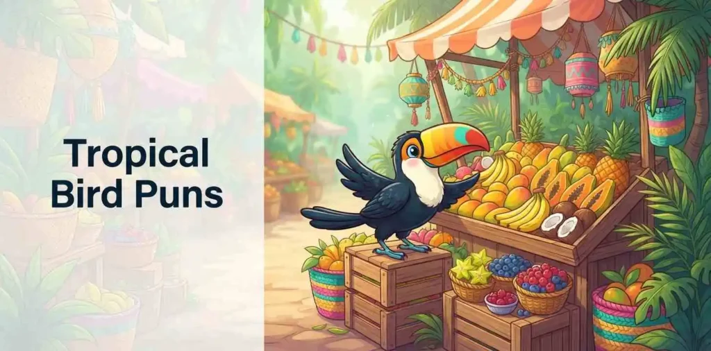 Playful toucan among tropical fruit