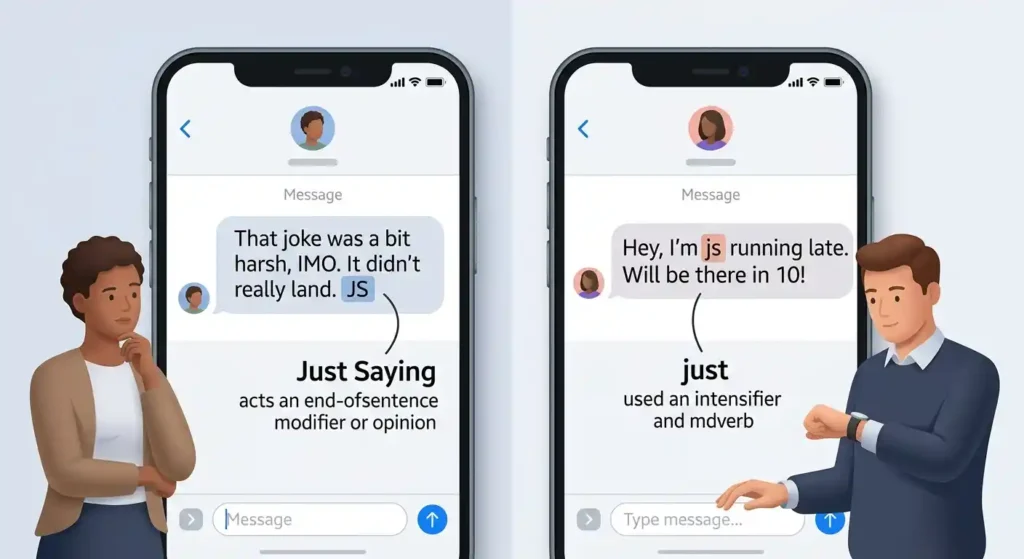 Comparison showing JS meaning “just saying” and “just” in text messages