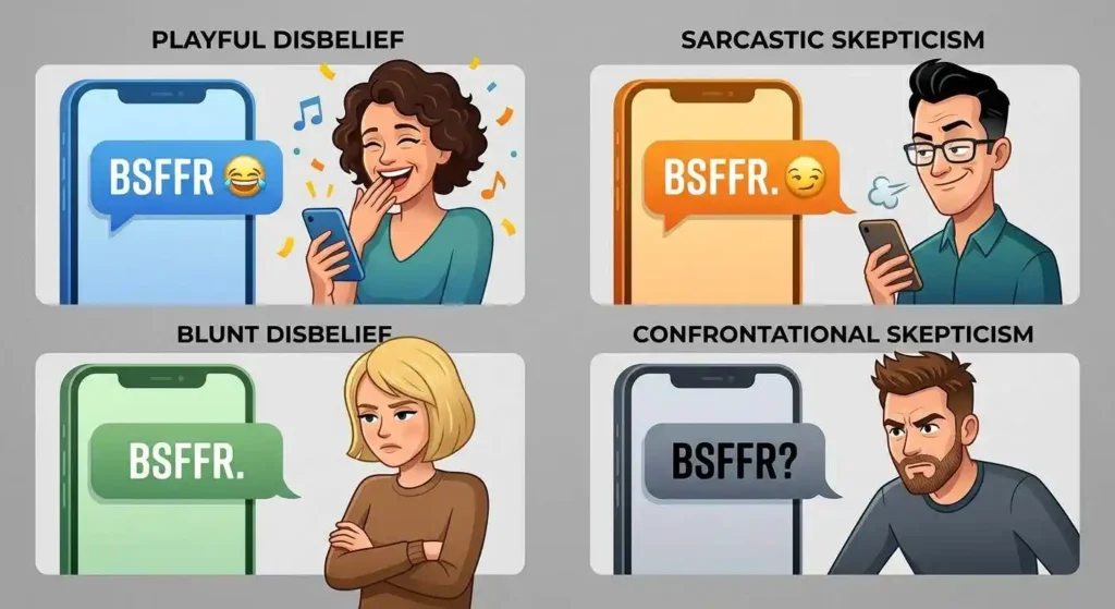 Different tones of BSFFR shown through emojis, punctuation, and context