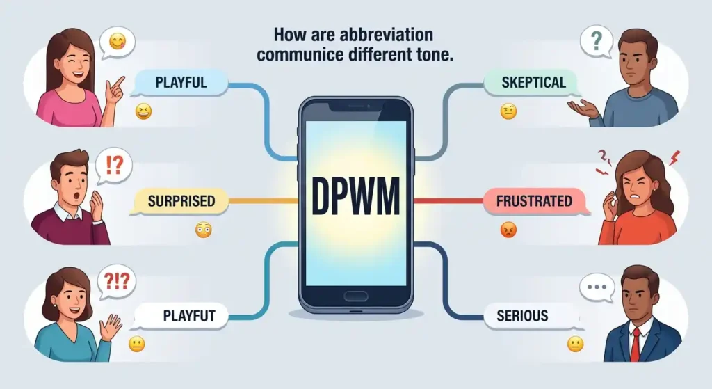 Different tones of DPWM shown as playful, surprised, skeptical, frustrated, and serious