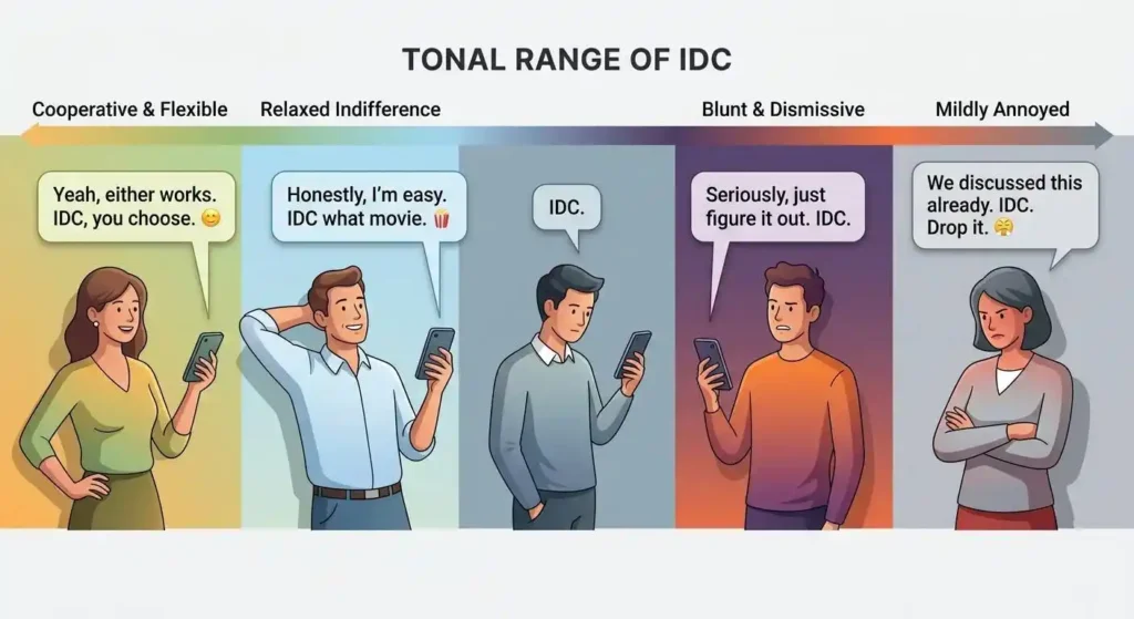 Different tones of IDC ranging from casual and playful to blunt and dismissive