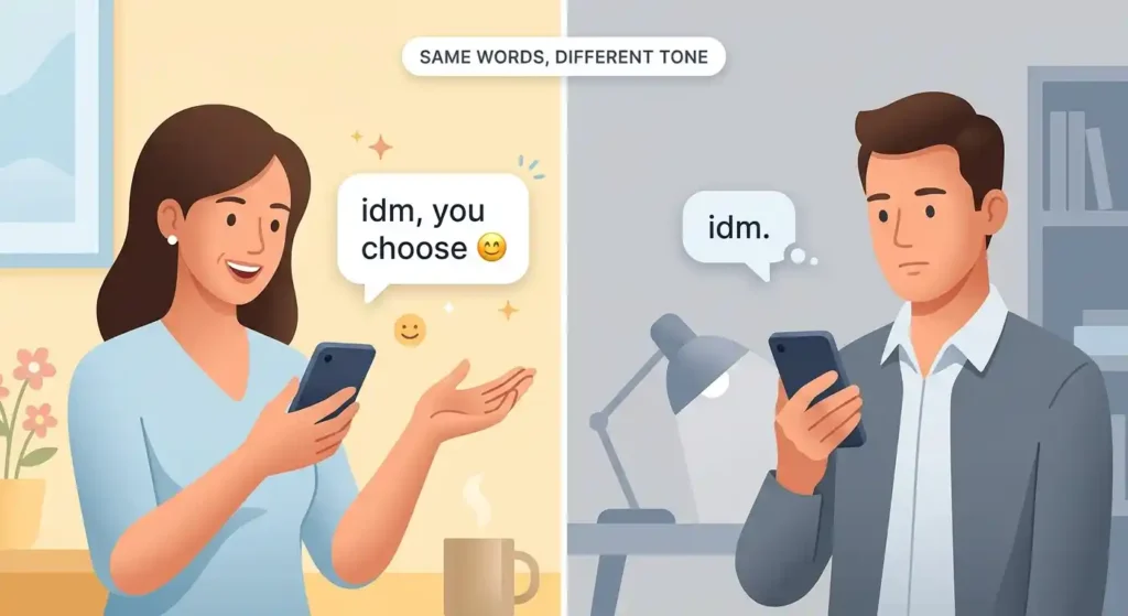IDM showing friendly and detached tones in different text conversations