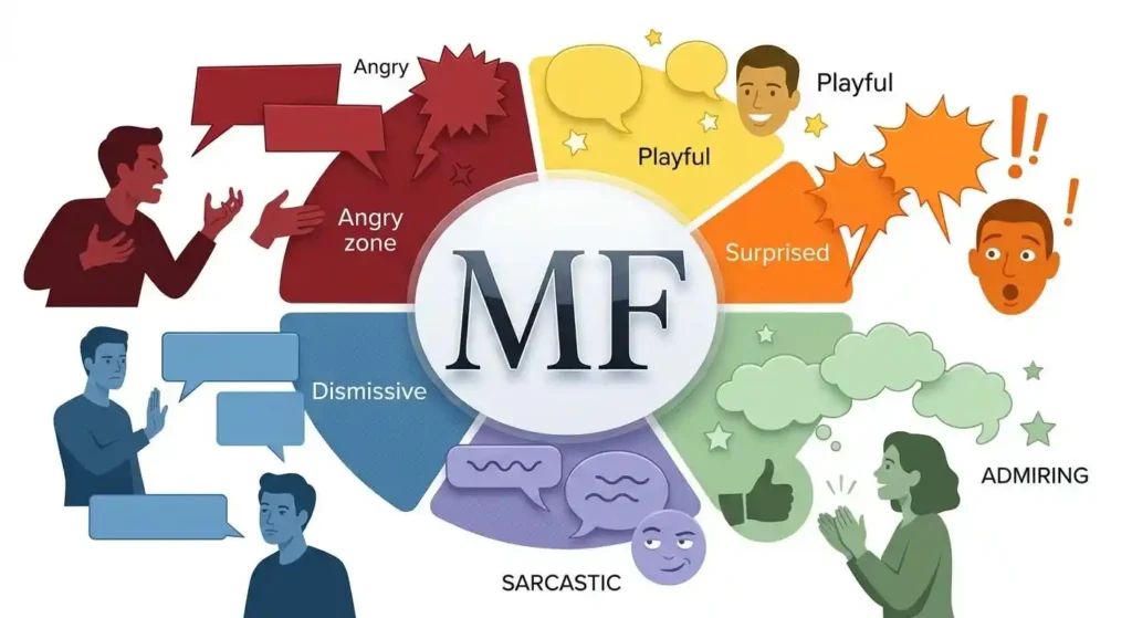 Visual showing how MF can sound angry, playful, surprised, admiring, sarcastic, or dismissive