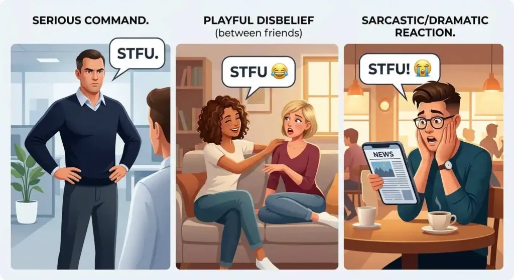 STFU shown in serious, playful, and surprised conversational contexts