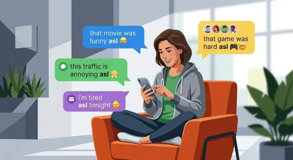 Adult texting examples showing “asl” used after descriptive words to add emphasis.