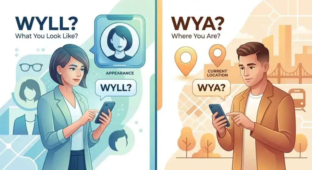 Visual comparison showing WYLL asks about appearance while WYA asks about location