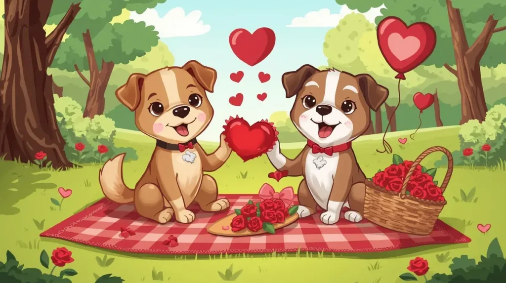 Dogs sharing valentine picnic