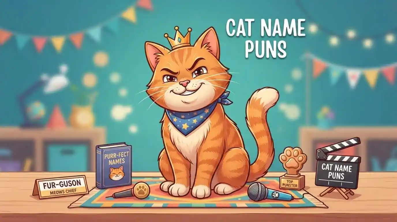 Playful cat with funny name theme