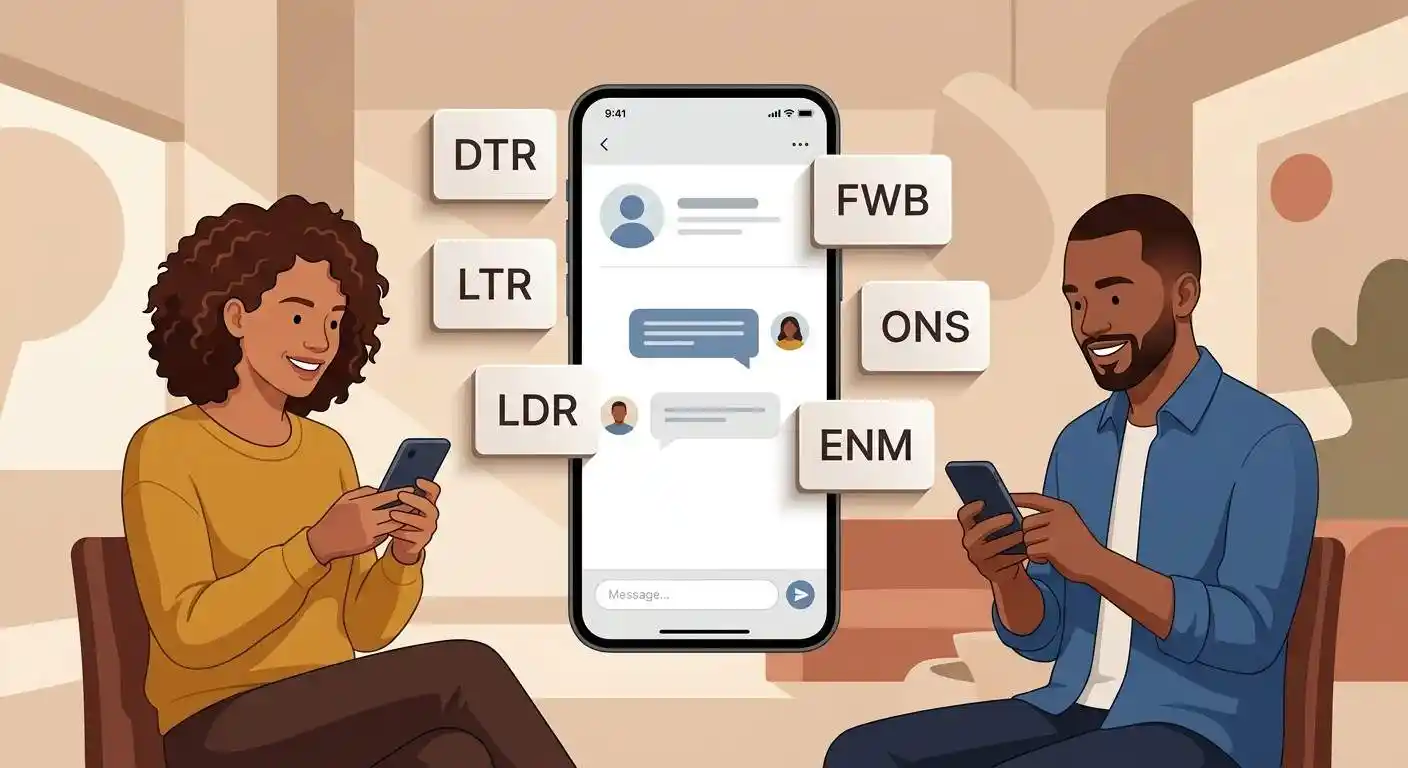 Adult users discussing common dating abbreviations such as DTR, LTR, and LDR in a digital dating context.