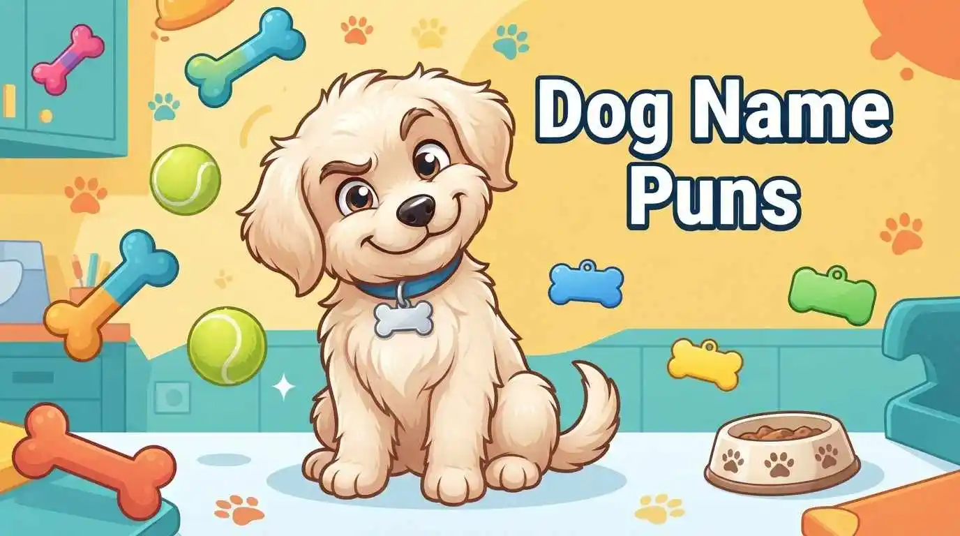 Cute dog surrounded by name ideas