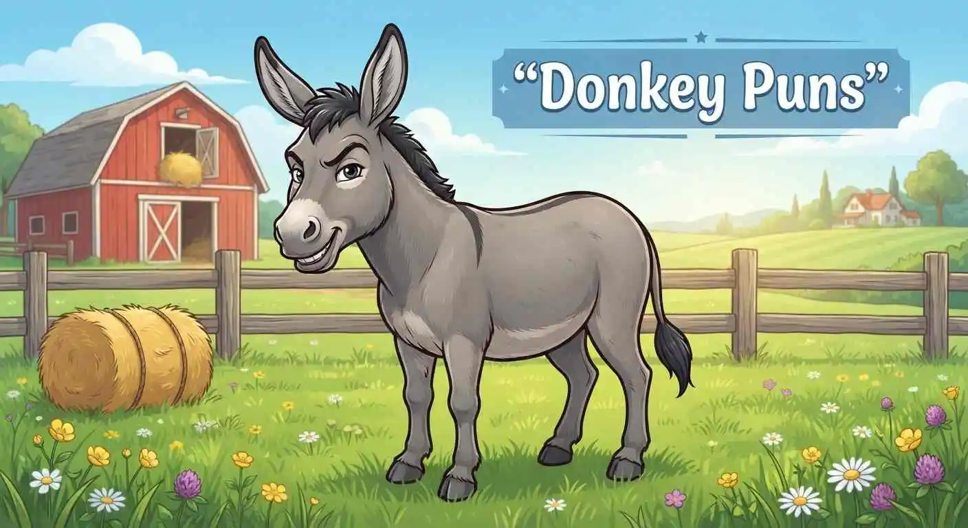 Funny donkey standing in a colorful farmyard