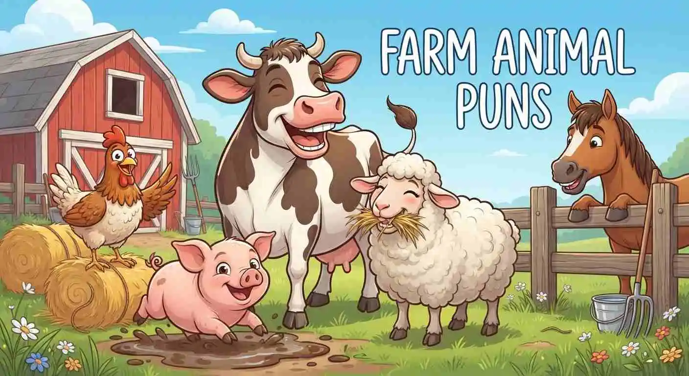 Cute farm animals together in a playful scene