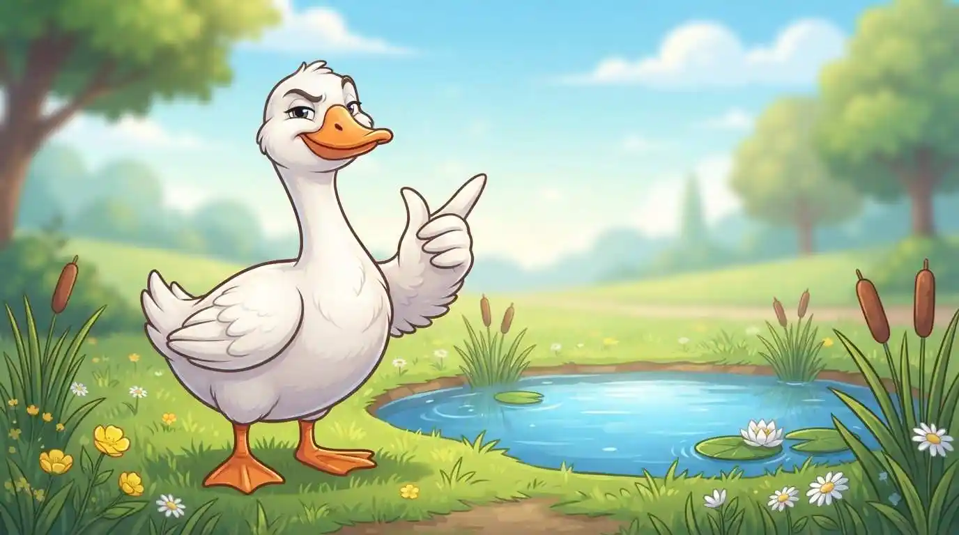 Funny goose standing beside pond