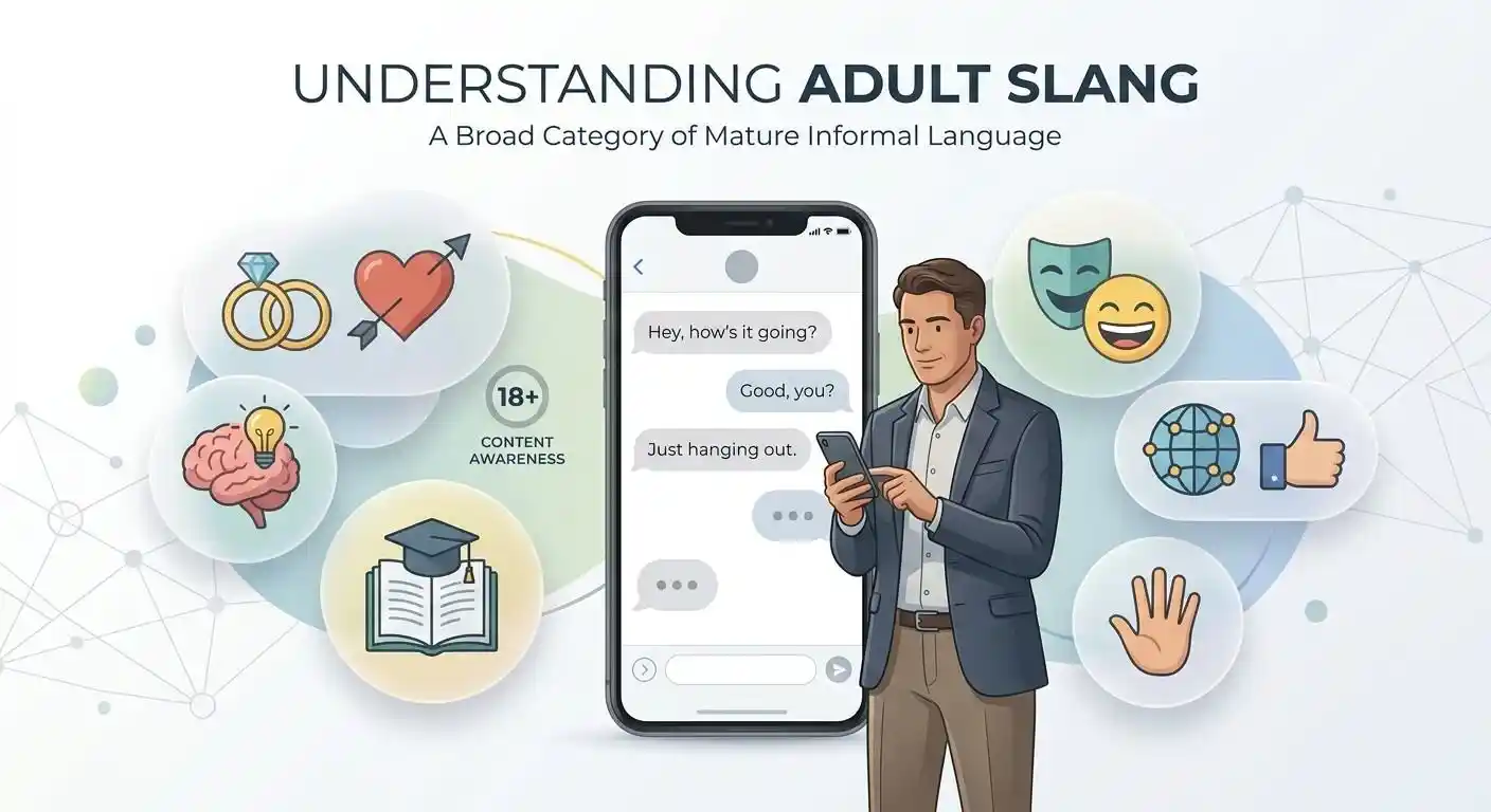Conceptual illustration explaining adult slang as informal language for mature topics