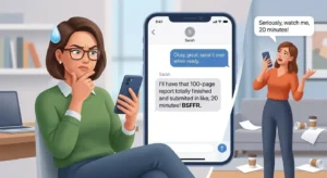 Adult reacting with disbelief to an exaggerated text using BSFFR