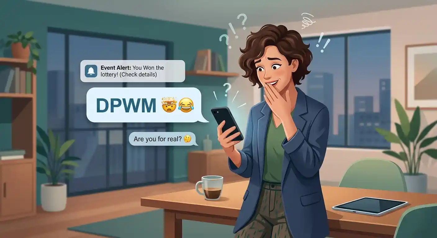 Adult reacting to a surprising text using DPWM to ask if someone is serious