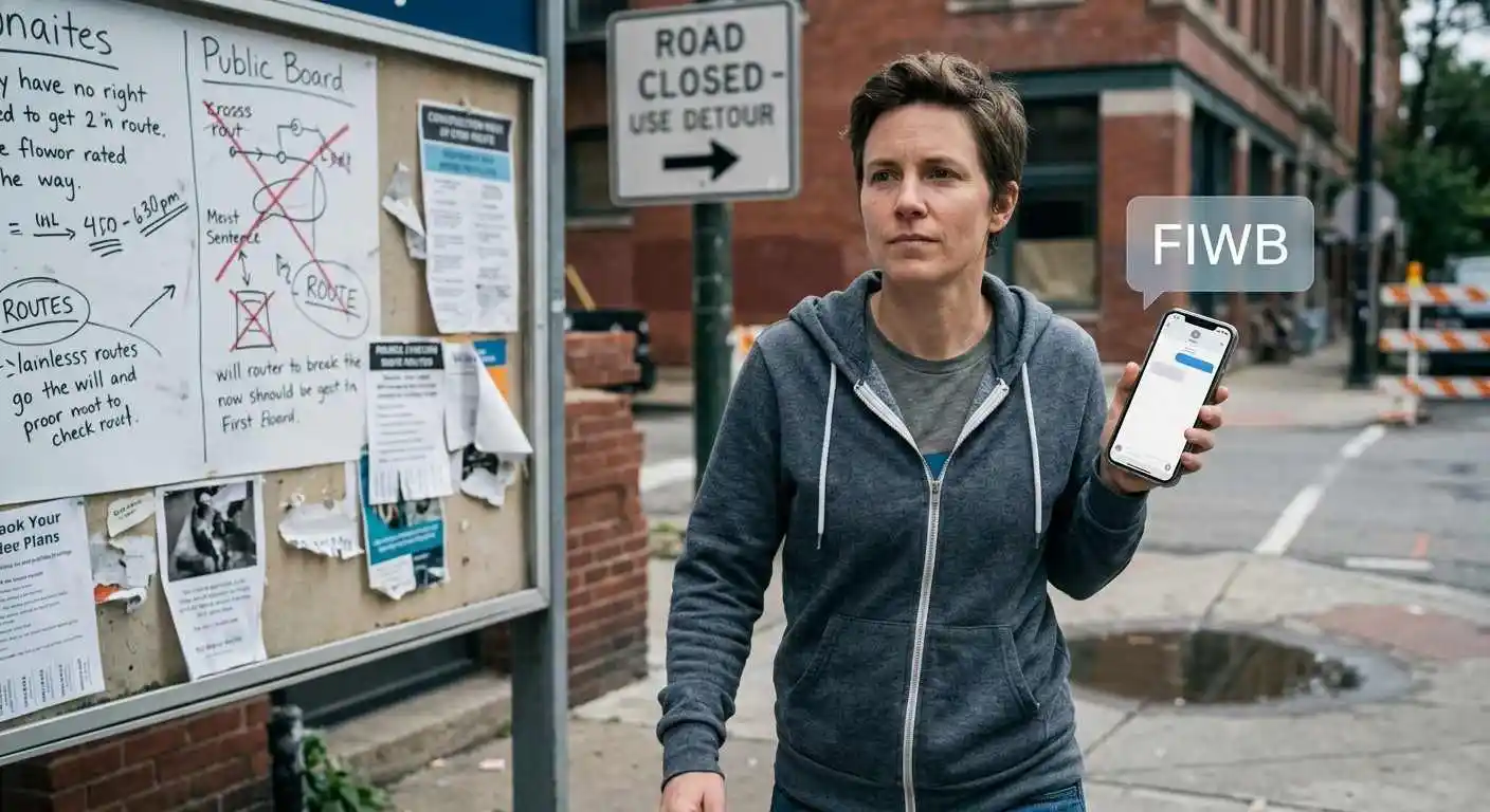 Adult character moving forward despite an uncertain plan while using a phone with an FIWB message.